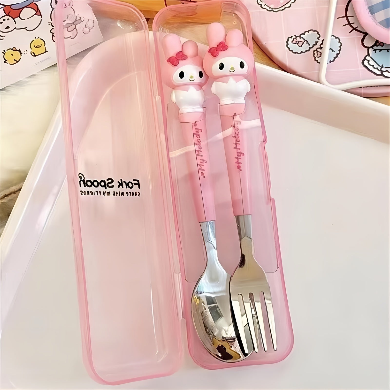 2-Piece Stainless Steel Tableware Set for Kids with Cartoon Soup Spoon and Fork for Travel