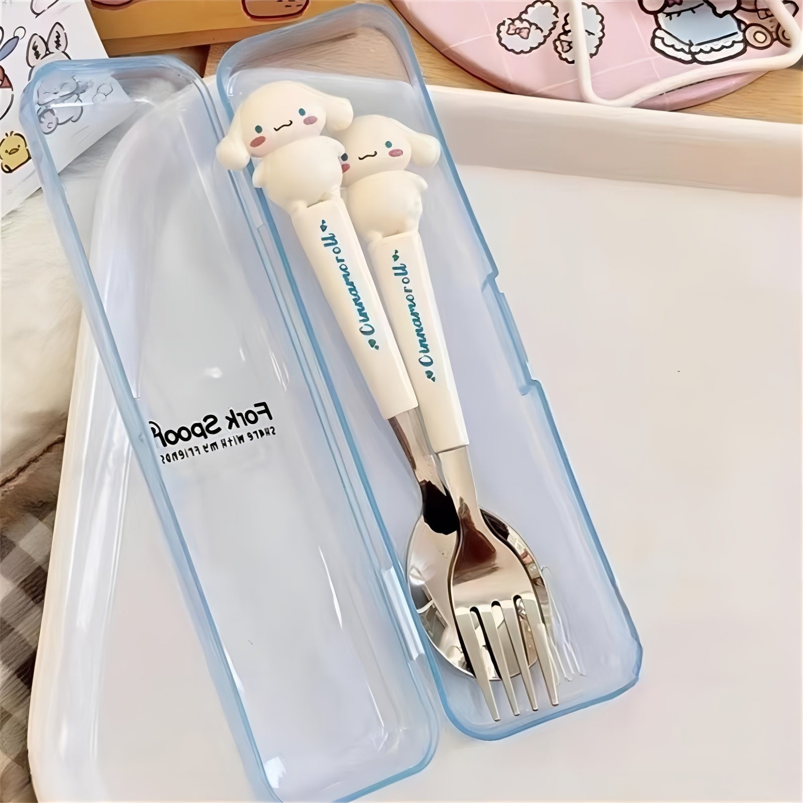 2-Piece Stainless Steel Tableware Set for Kids with Cartoon Soup Spoon and Fork for Travel