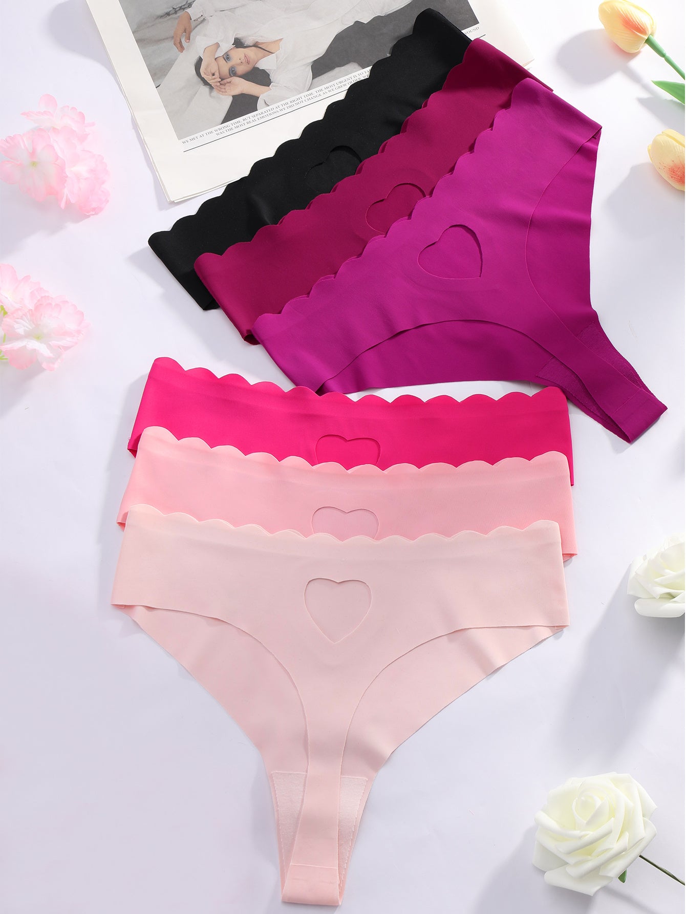 Set of 6 Women's Low-Rise Thong Panties with Heart Design and Seamless Wave Edge