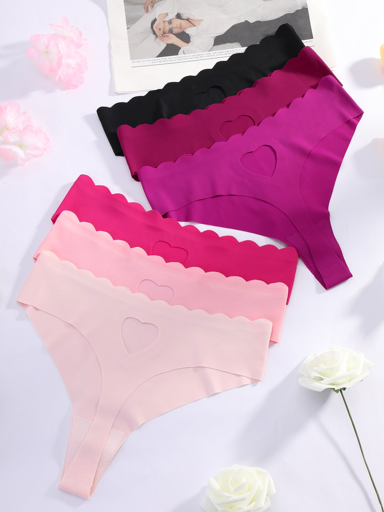 Set of 6 Women's Low-Rise Thong Panties with Heart Design and Seamless Wave Edge
