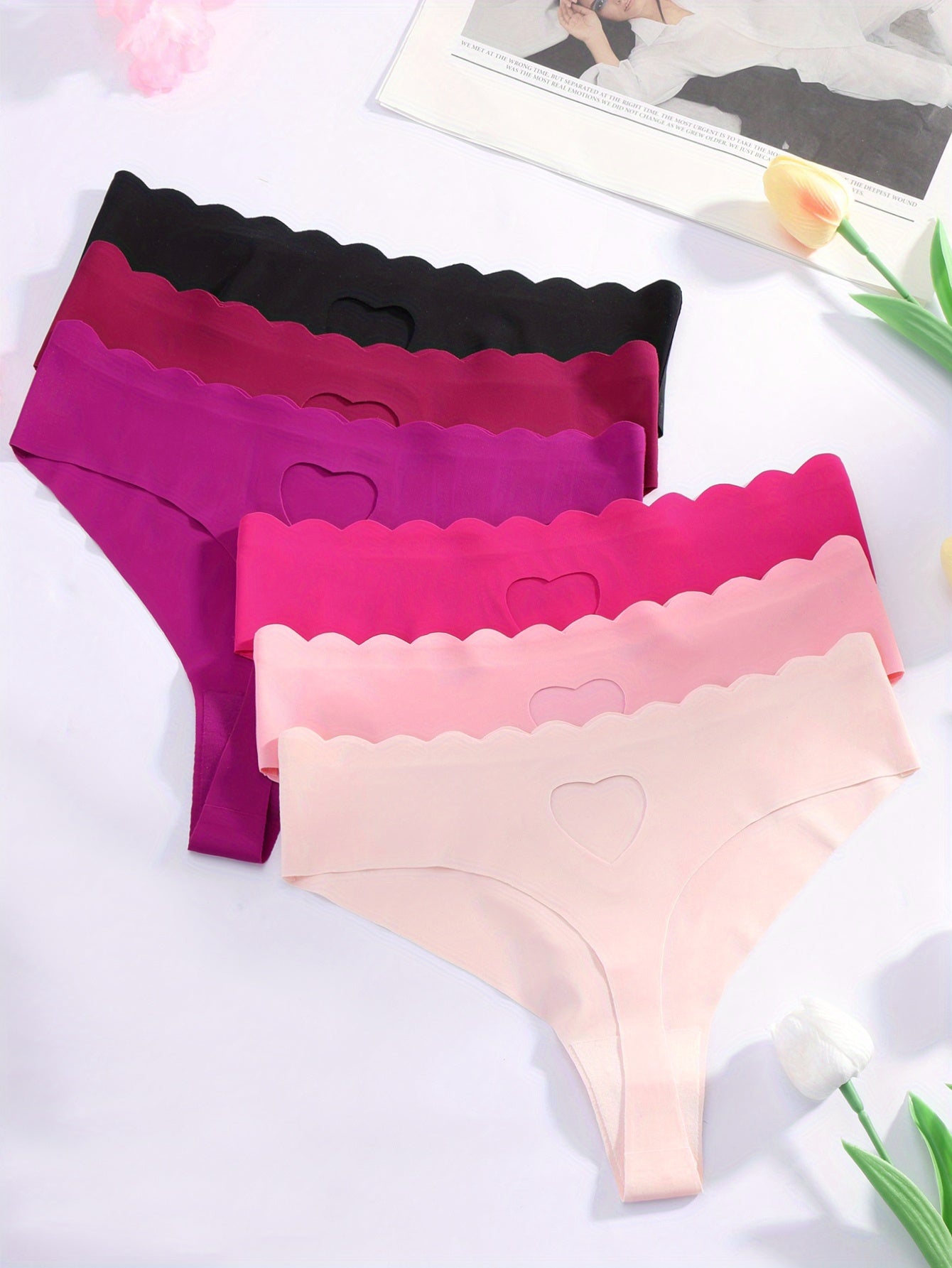 Set of 6 Women's Low-Rise Thong Panties with Heart Design and Seamless Wave Edge
