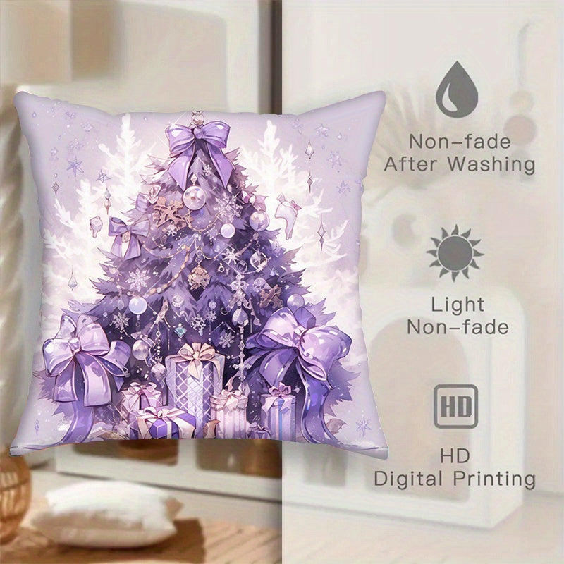 Set of 4 Purple Christmas Pillow Covers Snowman and Tree Designs 45.72 cm Polyester Velvet