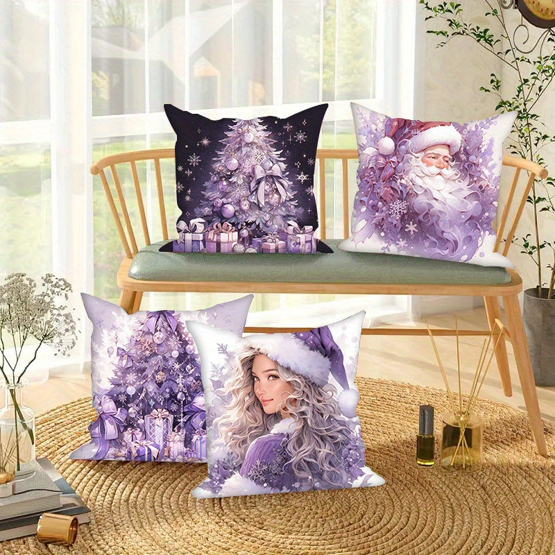 Set of 4 Purple Christmas Pillow Covers Snowman and Tree Designs 45.72 cm Polyester Velvet