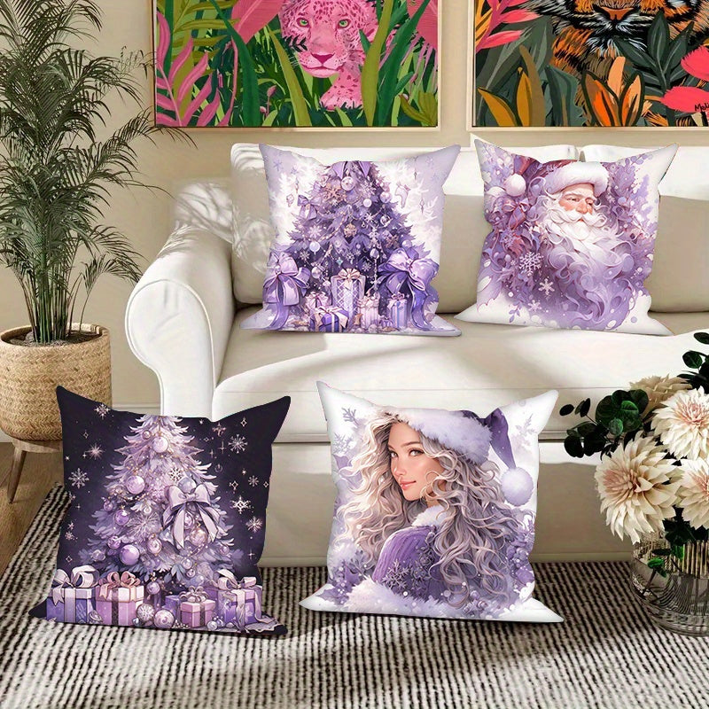Set of 4 Purple Christmas Pillow Covers Snowman and Tree Designs 45.72 cm Polyester Velvet