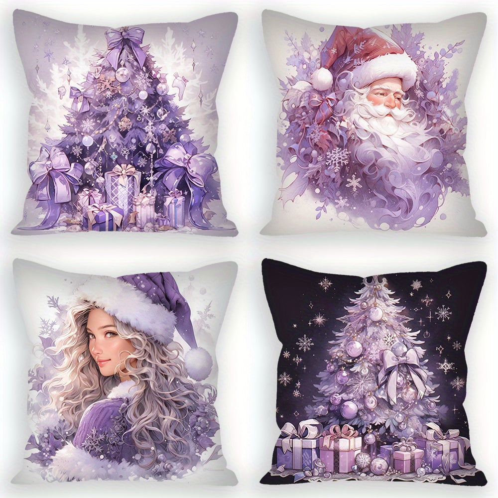 Set of 4 Purple Christmas Pillow Covers Snowman and Tree Designs 45.72 cm Polyester Velvet