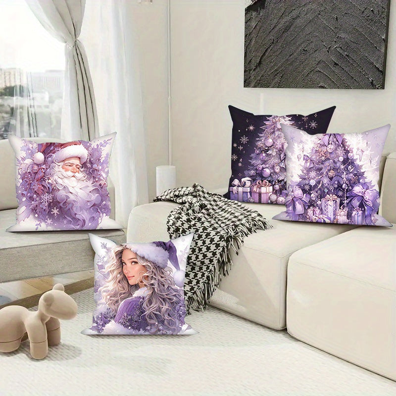 Set of 4 Purple Christmas Pillow Covers Snowman and Tree Designs 45.72 cm Polyester Velvet