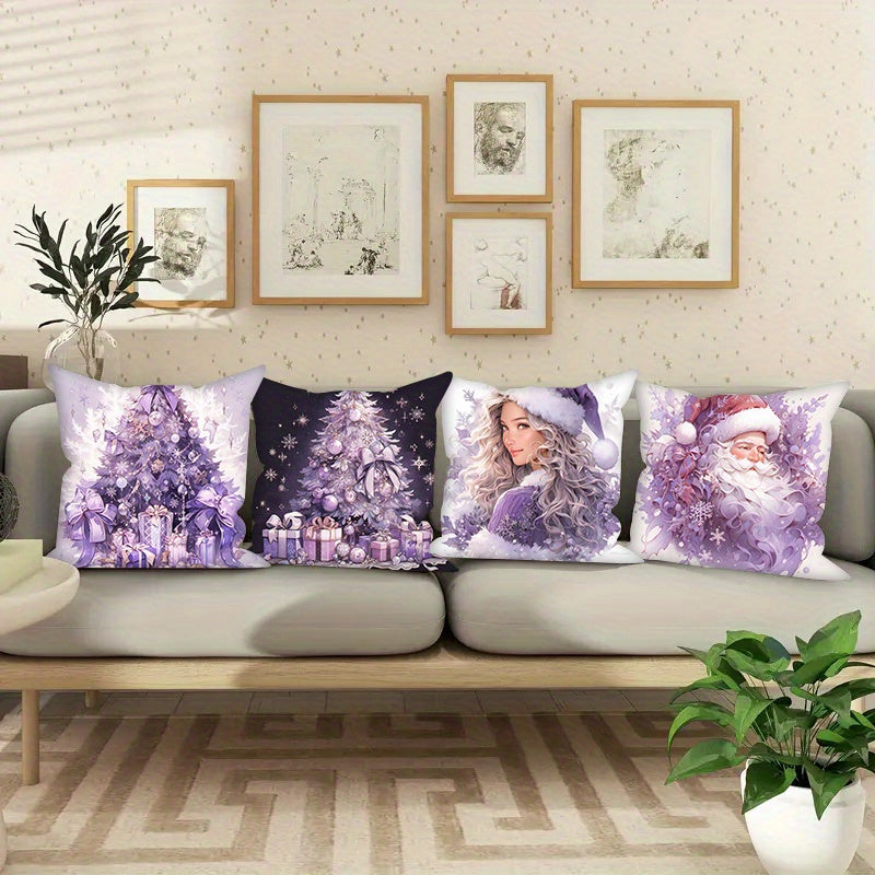 Set of 4 Purple Christmas Pillow Covers Snowman and Tree Designs 45.72 cm Polyester Velvet