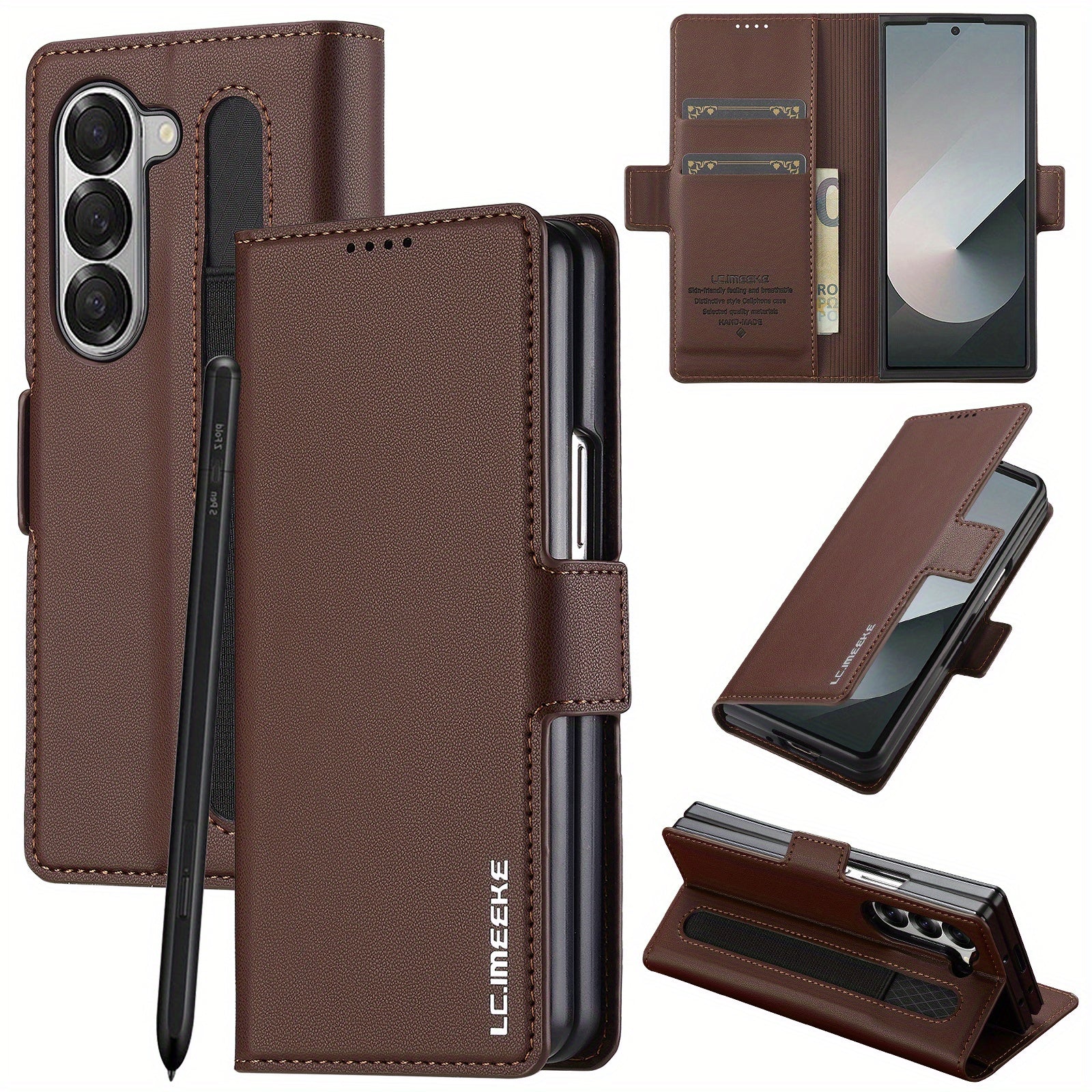 Faux Leather Flip Phone Case for Samsung Galaxy Z Fold 6 5 4 3 with Pen Tray Credit Card Holder for Men Women