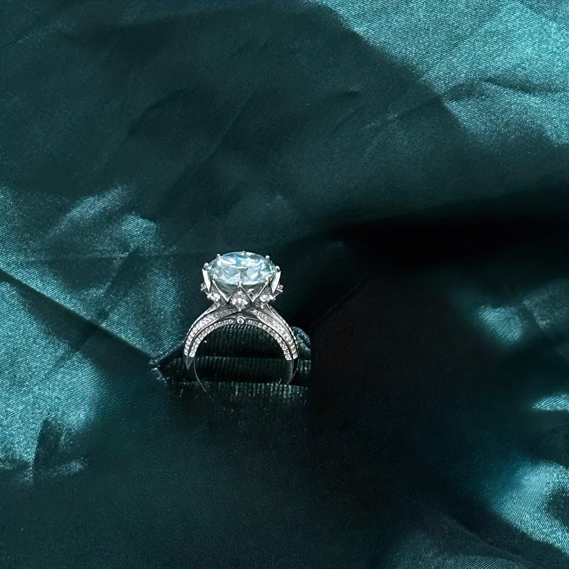 Moissanite Engagement Ring 10 Ct Sterling Silver 8-Prong Gold Plated Ocean Design