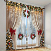 Два куска роскошных рождественских штор в европейском стиле с дизайном, украшенным золотыми элементами. Эти шторы полупрозрачные, имеют удобное отверстие для штанги и подходят для украшения гостиных, спален и офисов в течение