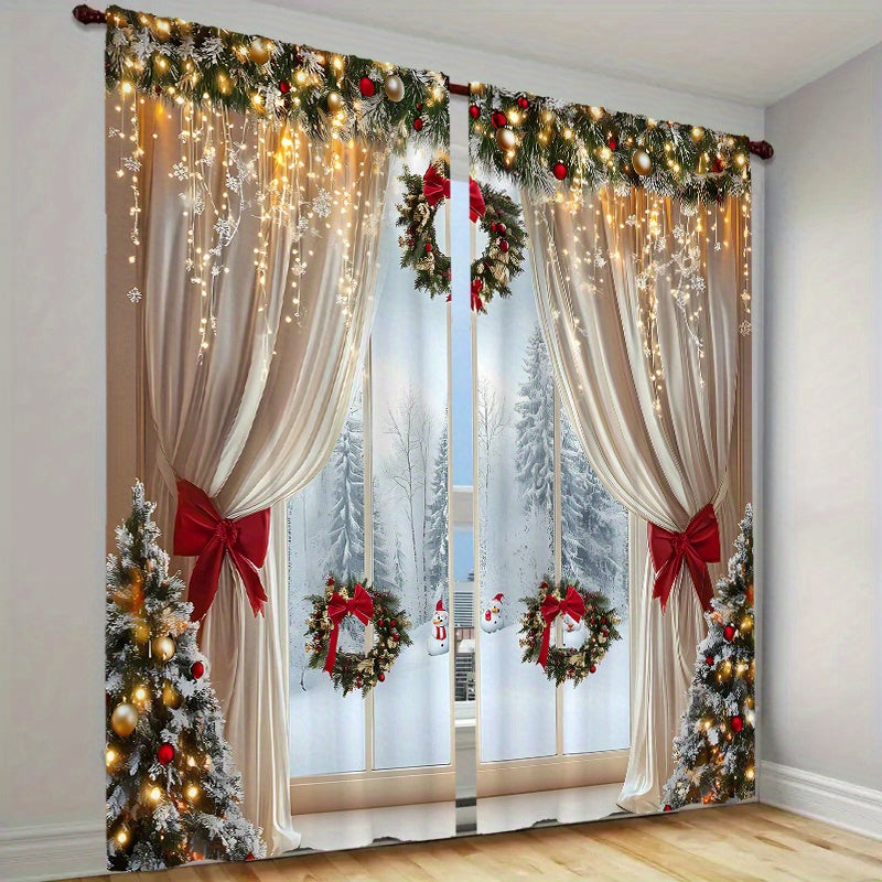 Luxurious European Style Christmas Curtains Set with Golden Embellishments Translucent for Living Room Bedroom Office