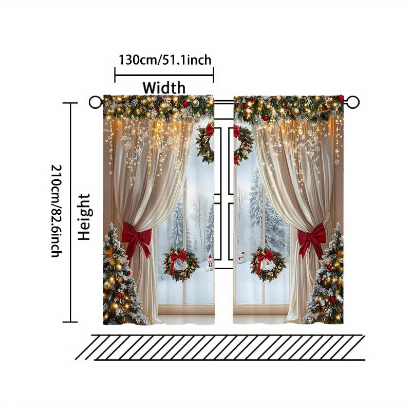 Два куска роскошных рождественских штор в европейском стиле с дизайном, украшенным золотыми элементами. Эти шторы полупрозрачные, имеют удобное отверстие для штанги и подходят для украшения гостиных, спален и офисов в течение