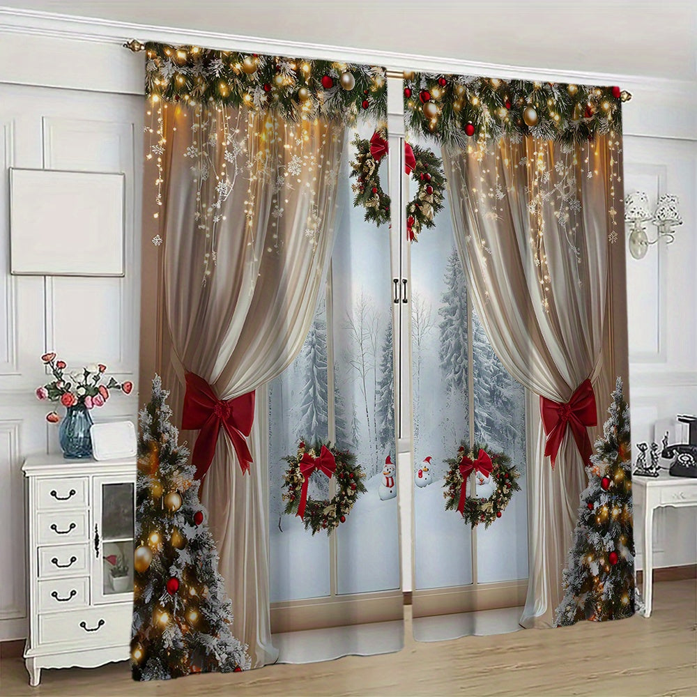 Два куска роскошных рождественских штор в европейском стиле с дизайном, украшенным золотыми элементами. Эти шторы полупрозрачные, имеют удобное отверстие для штанги и подходят для украшения гостиных, спален и офисов в течение