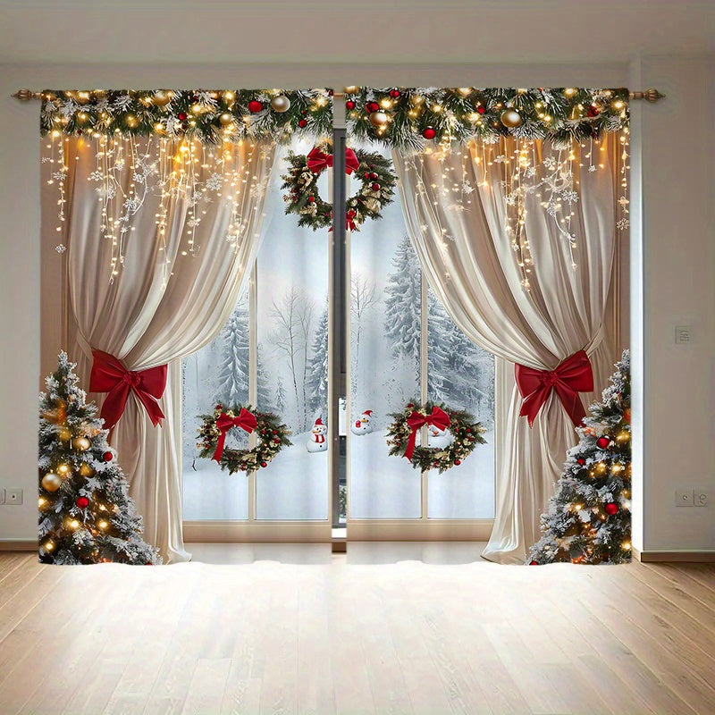 Два куска роскошных рождественских штор в европейском стиле с дизайном, украшенным золотыми элементами. Эти шторы полупрозрачные, имеют удобное отверстие для штанги и подходят для украшения гостиных, спален и офисов в течение
