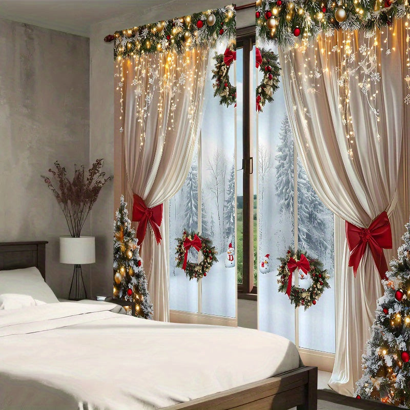 Два куска роскошных рождественских штор в европейском стиле с дизайном, украшенным золотыми элементами. Эти шторы полупрозрачные, имеют удобное отверстие для штанги и подходят для украшения гостиных, спален и офисов в течение