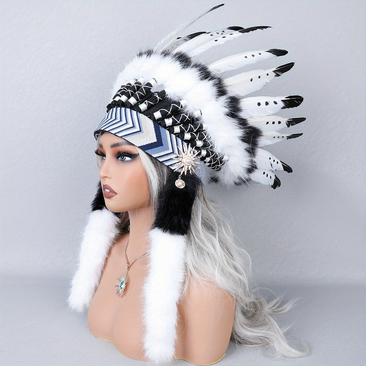 Faux Fur and Textile Feathered Indian Style Headband for Women for Stage Performance and Photoshoots