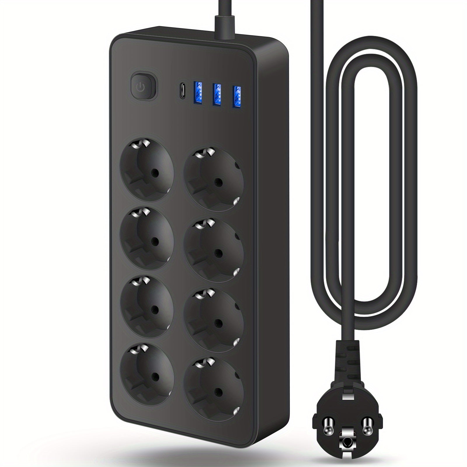 Black Power Strip with 8 AC Sockets, 3 USB Ports, Type C Port, 118.87cm Extension Cable