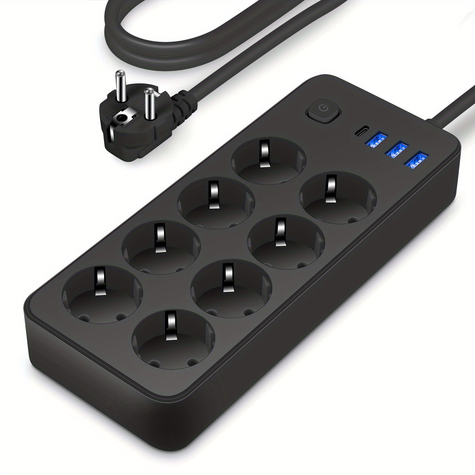 Black Power Strip with 8 AC Sockets, 3 USB Ports, Type C Port, 118.87cm Extension Cable