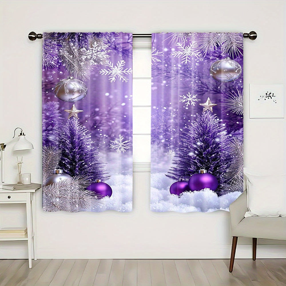 2-Piece Purple and Silver Christmas Curtain Set Digital Print Living Room Bedroom Study