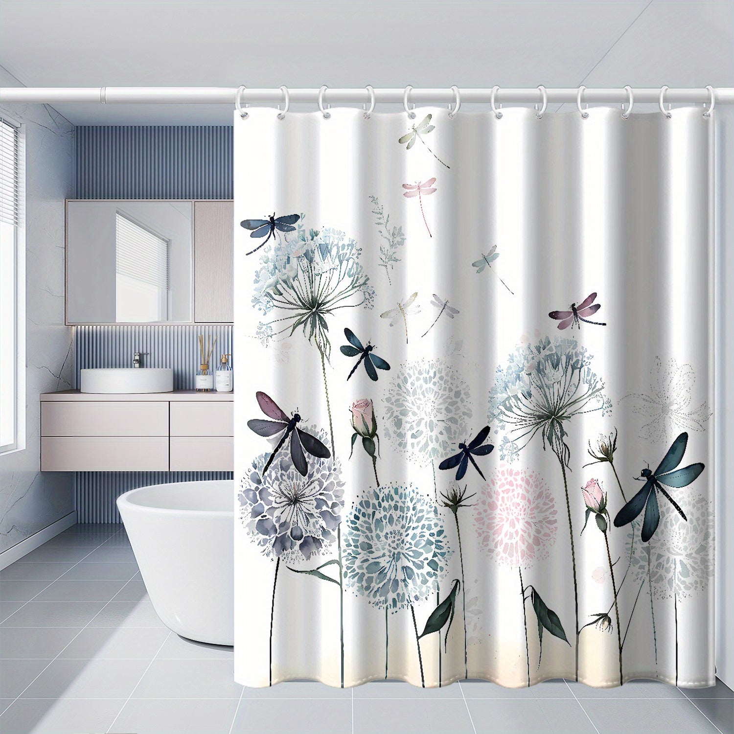 Watercolor Dandelion and Dragonfly Shower Curtain Waterproof Machine Washable 70x70 Inches Bathroom Decor