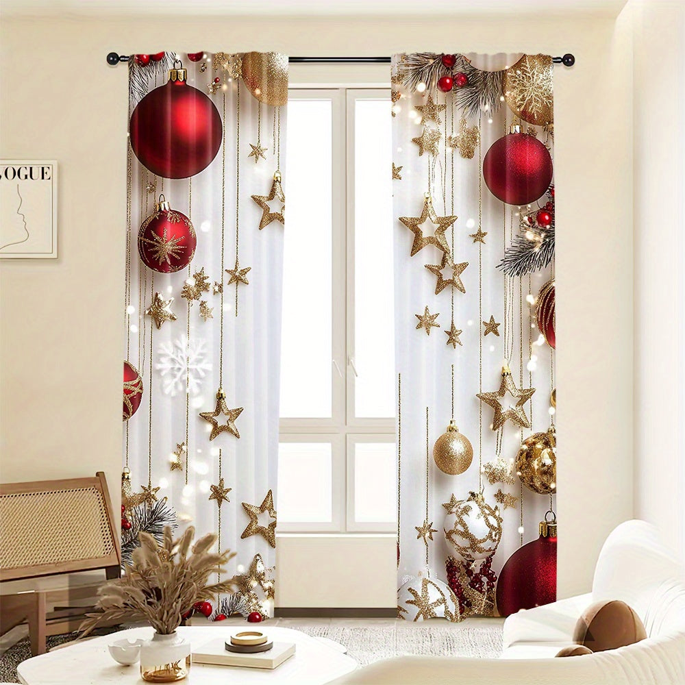Set of 2 Christmas Holiday Curtains Digital Pine Leaves Ornaments Polyester Rod Pocket Drapes for Living Room Bedroom Kitchen Office