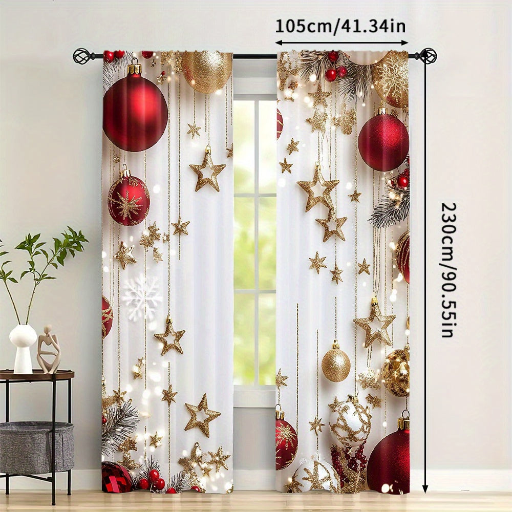 Set of 2 Christmas Holiday Curtains Digital Pine Leaves Ornaments Polyester Rod Pocket Drapes for Living Room Bedroom Kitchen Office