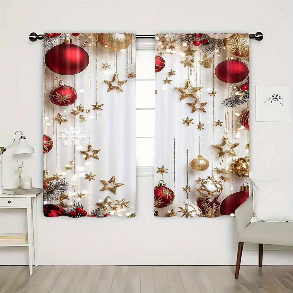 Set of 2 Christmas Holiday Curtains Digital Pine Leaves Ornaments Polyester Rod Pocket Drapes for Living Room Bedroom Kitchen Office