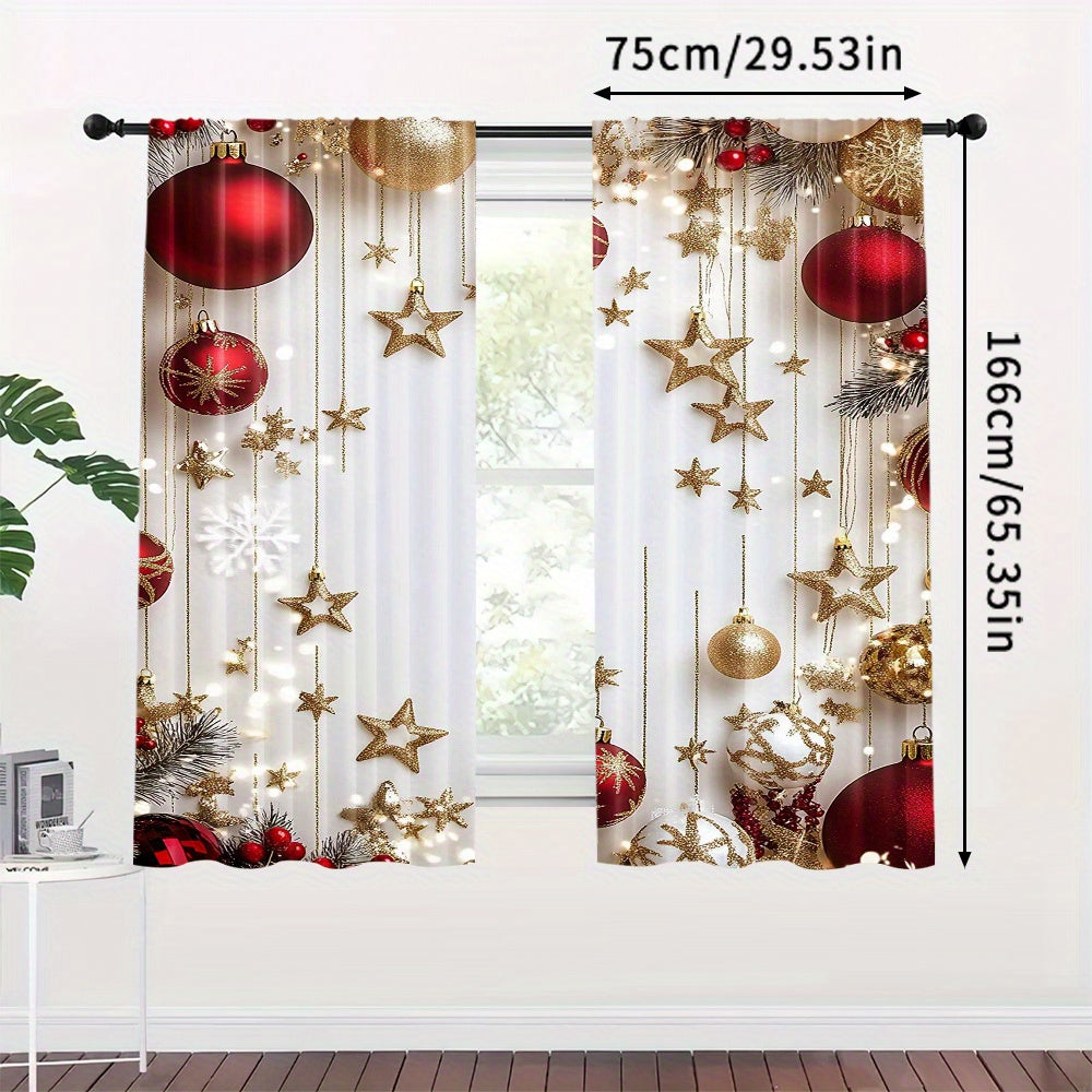 Set of 2 Christmas Holiday Curtains Digital Pine Leaves Ornaments Polyester Rod Pocket Drapes for Living Room Bedroom Kitchen Office