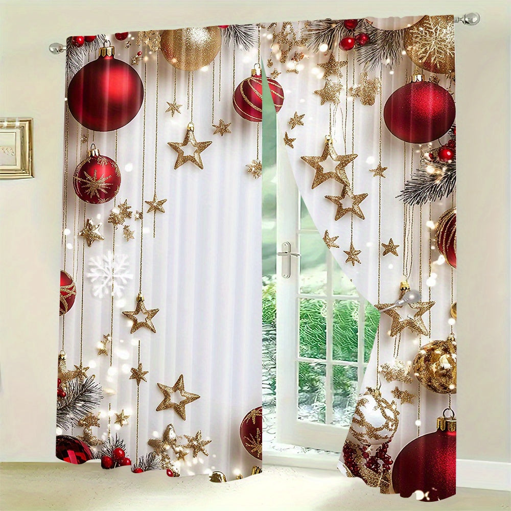 Set of 2 Christmas Holiday Curtains Digital Pine Leaves Ornaments Polyester Rod Pocket Drapes for Living Room Bedroom Kitchen Office