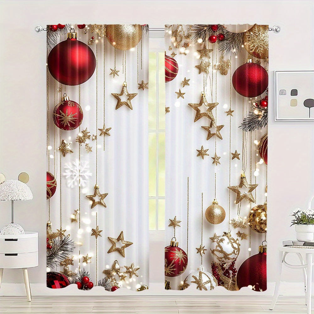 Set of 2 Christmas Holiday Curtains Digital Pine Leaves Ornaments Polyester Rod Pocket Drapes for Living Room Bedroom Kitchen Office