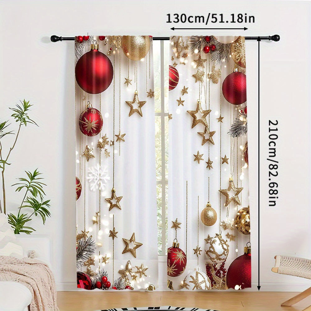 Set of 2 Christmas Holiday Curtains Digital Pine Leaves Ornaments Polyester Rod Pocket Drapes for Living Room Bedroom Kitchen Office