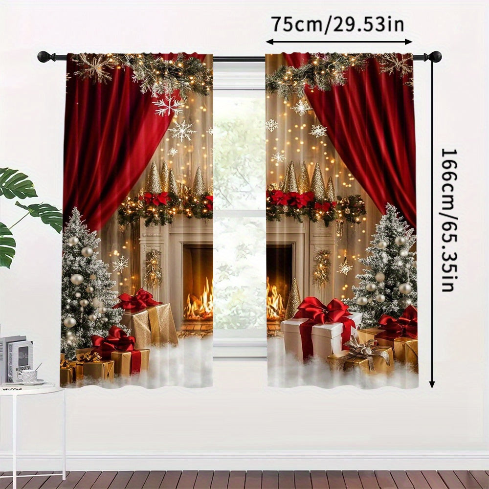 Set of 2 Christmas Fireplace Scene Polyester Curtains Washable Holiday Window Treatments for Living Room and Dining Room