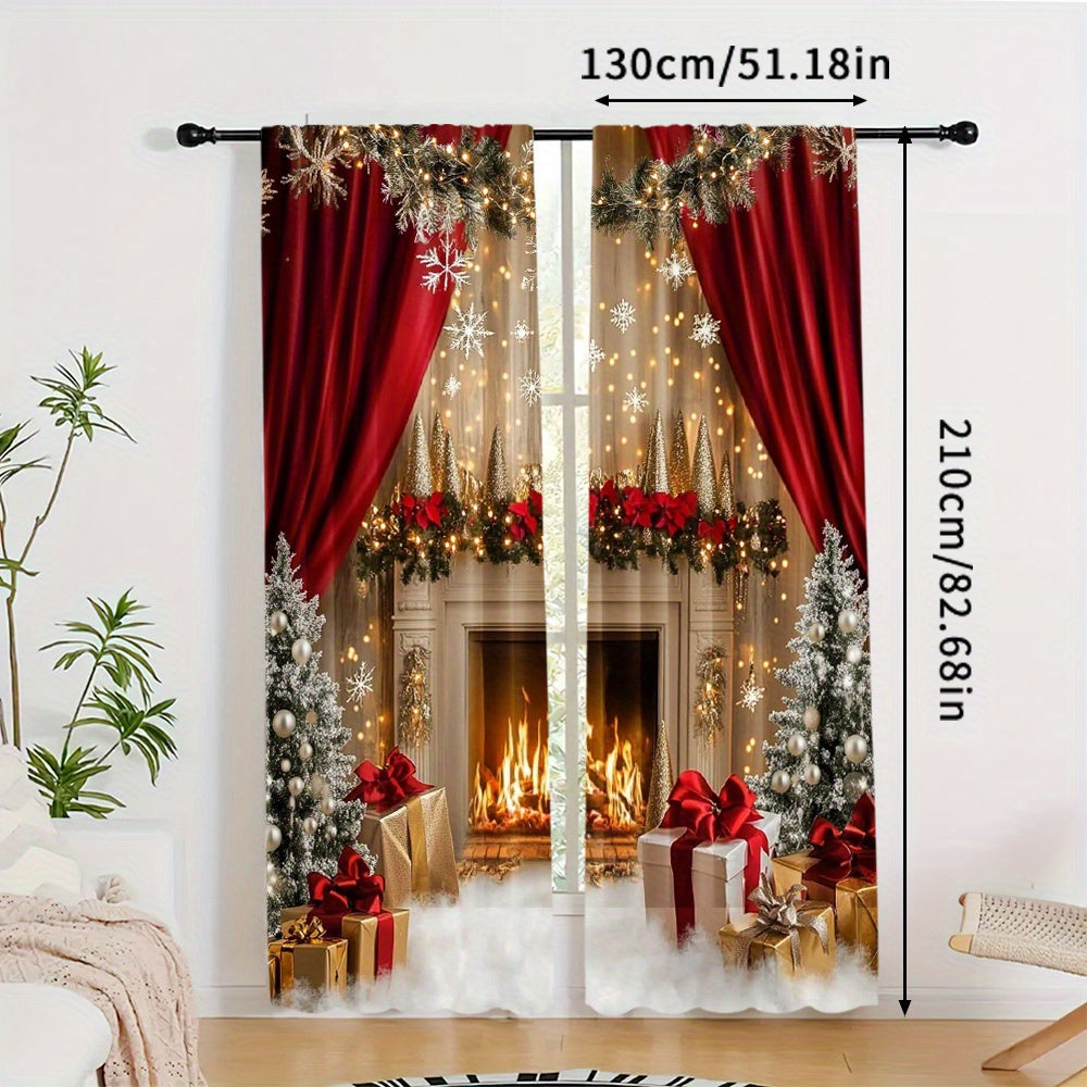 Set of 2 Christmas Fireplace Scene Polyester Curtains Washable Holiday Window Treatments for Living Room and Dining Room