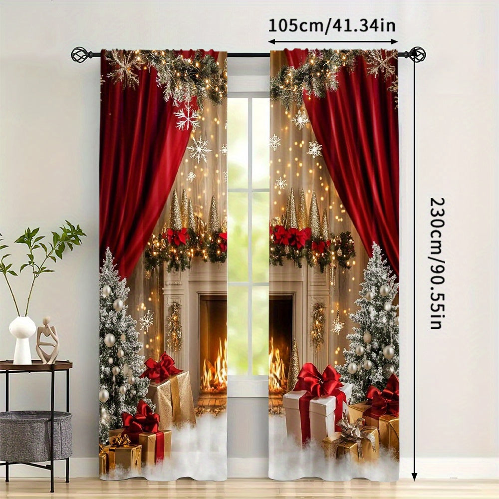 Set of 2 Christmas Fireplace Scene Polyester Curtains Washable Holiday Window Treatments for Living Room and Dining Room