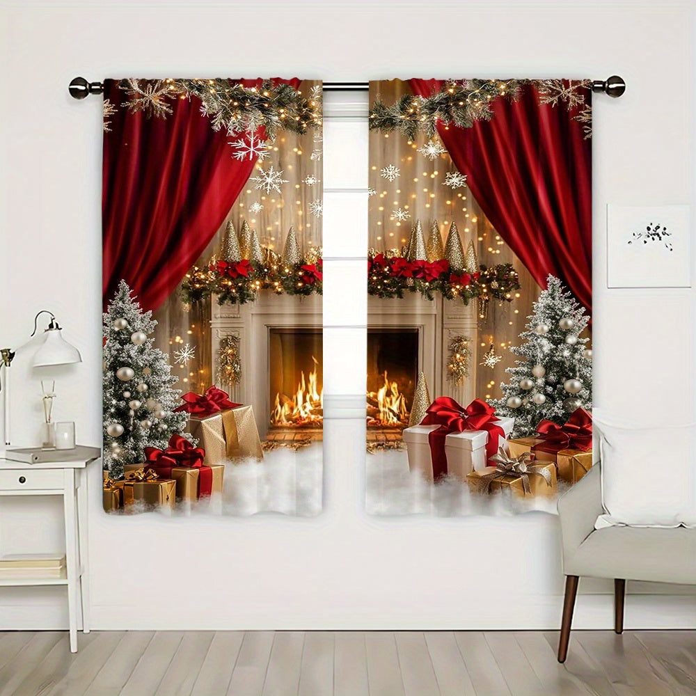 Set of 2 Christmas Fireplace Scene Polyester Curtains Washable Holiday Window Treatments for Living Room and Dining Room