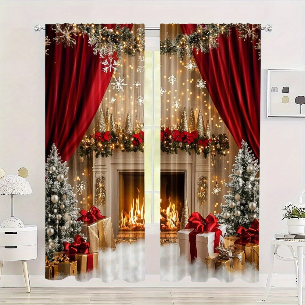 Set of 2 Christmas Fireplace Scene Polyester Curtains Washable Holiday Window Treatments for Living Room and Dining Room