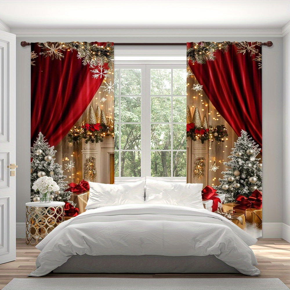 Set of 2 Christmas Fireplace Scene Polyester Curtains Washable Holiday Window Treatments for Living Room and Dining Room