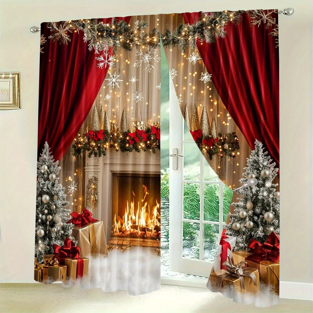 Set of 2 Christmas Fireplace Scene Polyester Curtains Washable Holiday Window Treatments for Living Room and Dining Room
