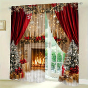 Set of 2 Christmas Fireplace Scene Polyester Curtains Washable Holiday Window Treatments for Living Room and Dining Room