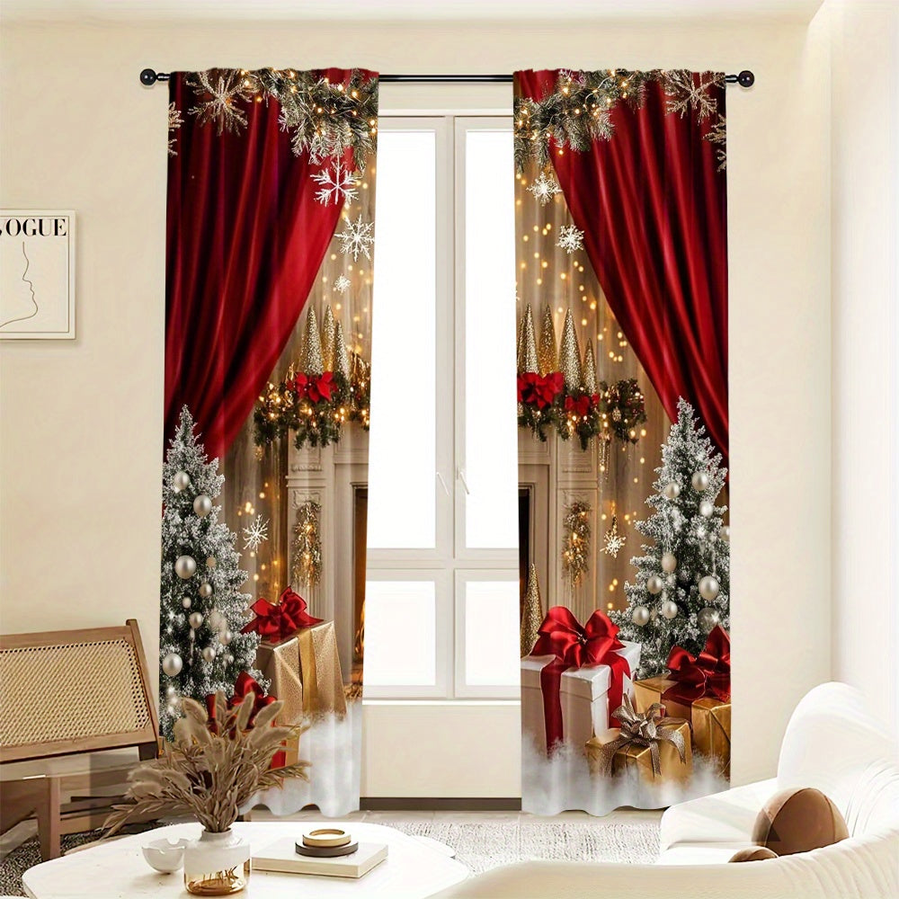 Set of 2 Christmas Fireplace Scene Polyester Curtains Washable Holiday Window Treatments for Living Room and Dining Room