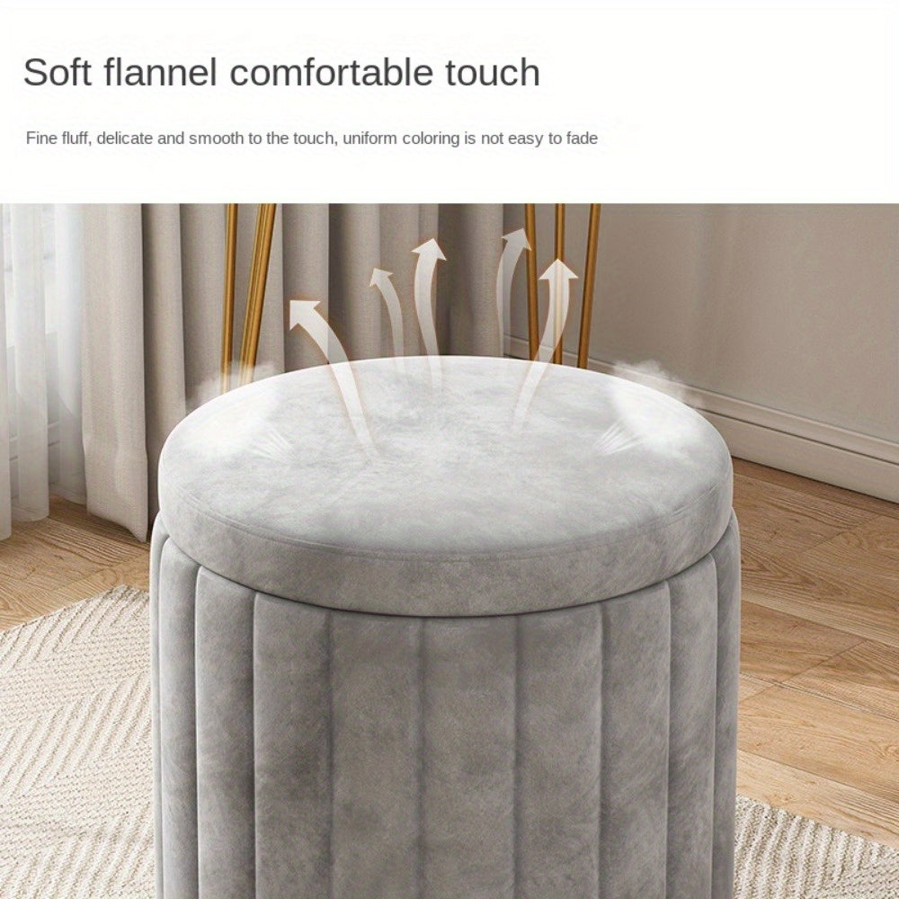 Nordic Modern Round Storage Ottoman Fabric Upholstered Grey Mirror Finish Footrest