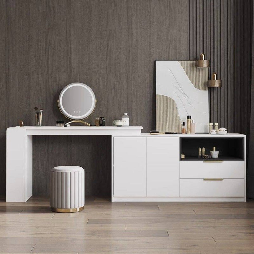 Nordic Modern Round Storage Ottoman Fabric Upholstered Grey Mirror Finish Footrest