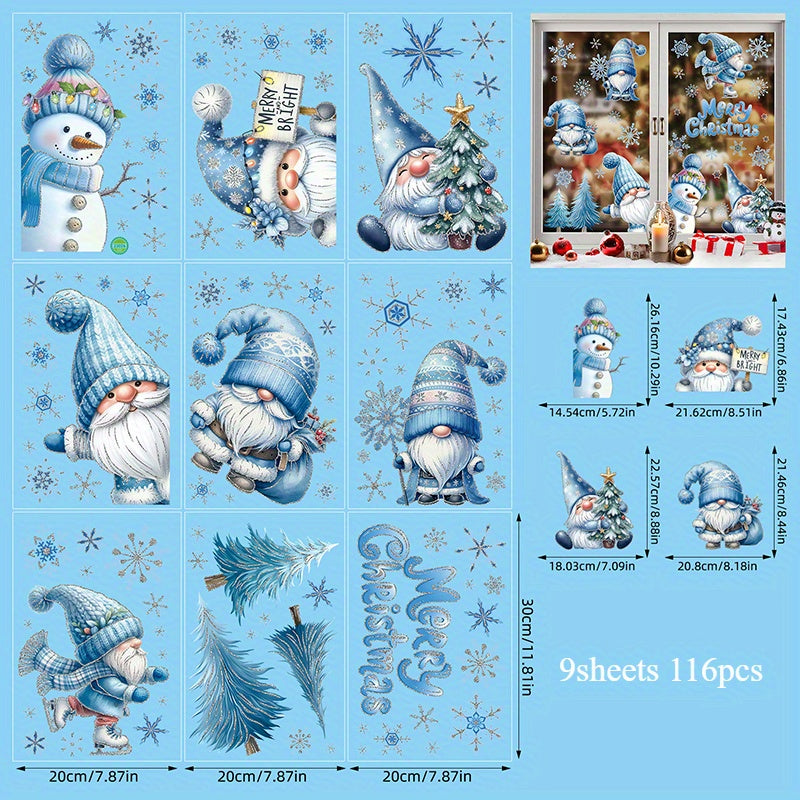 Set of 116 Winter Gnome and Snowman Window Clings with Cardinal Birds and Christmas Tree Designs PVC Static Stickers for Holiday Decor