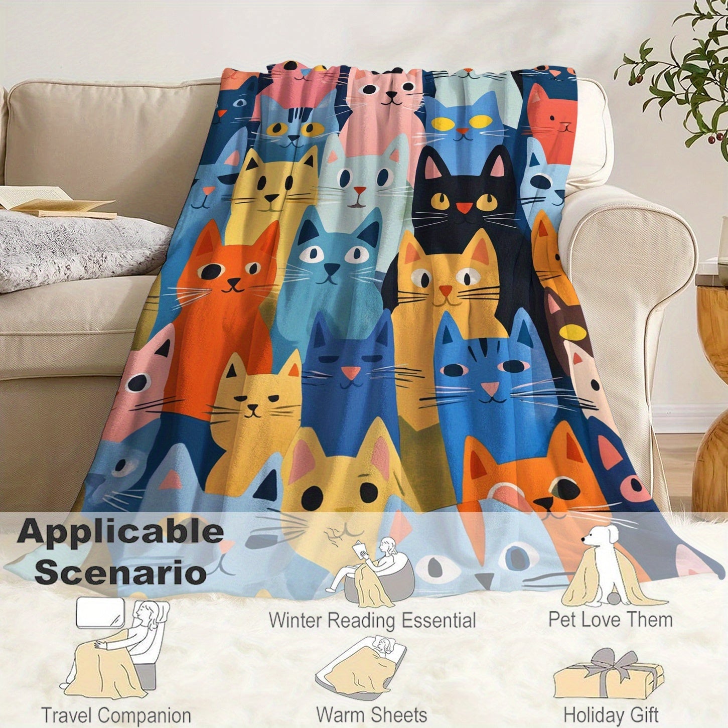 Cat Print Flannel Throw Blanket Lightweight Soft Quilted for Bed Sofa Travel
