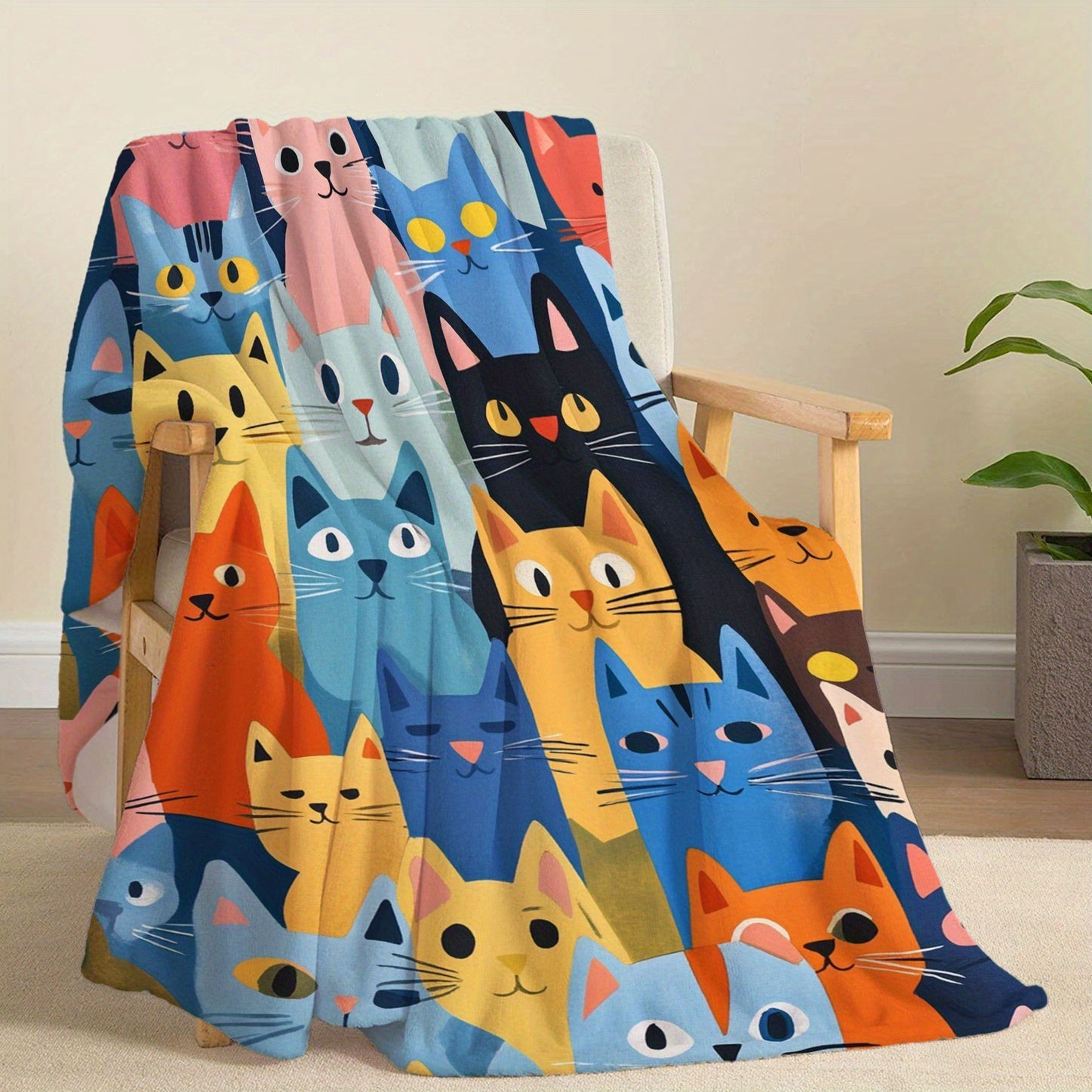 Cat Print Flannel Throw Blanket Lightweight Soft Quilted for Bed Sofa Travel