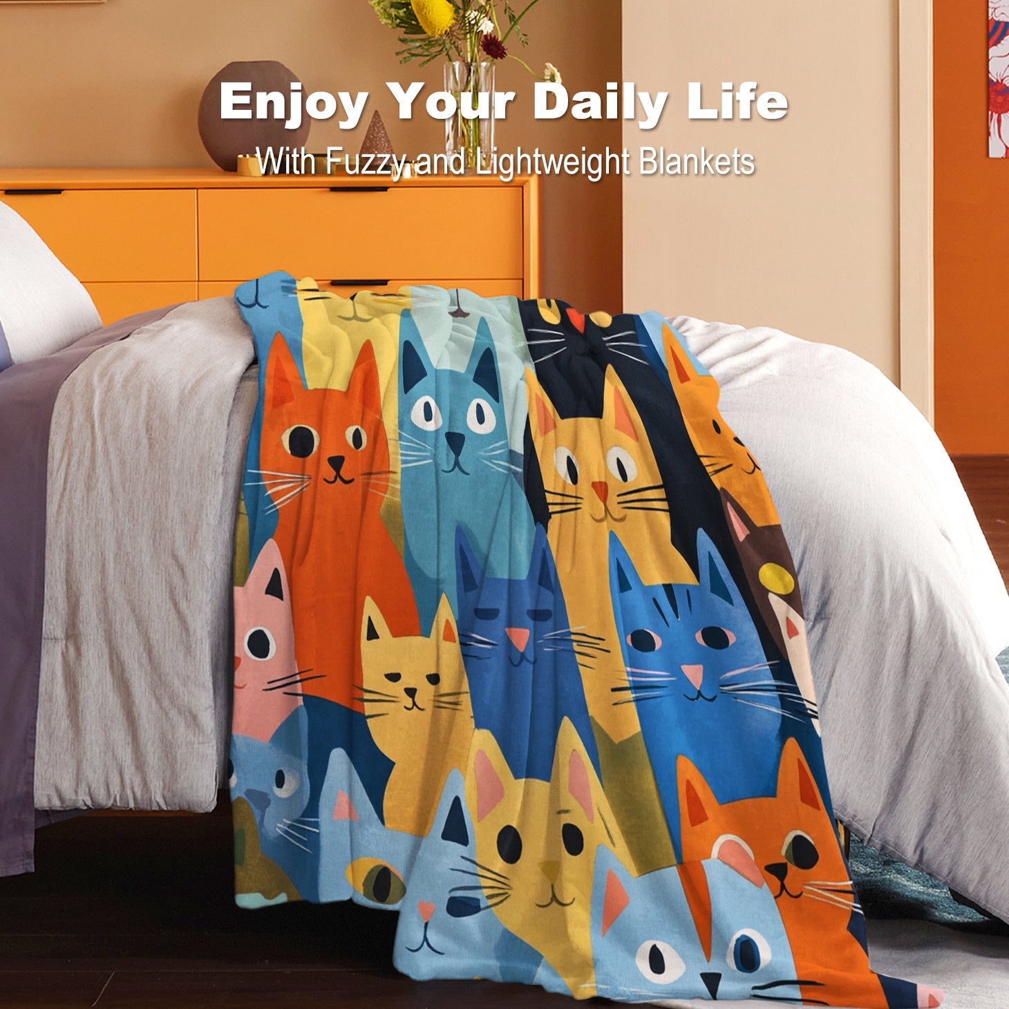 Cat Print Flannel Throw Blanket Lightweight Soft Quilted for Bed Sofa Travel