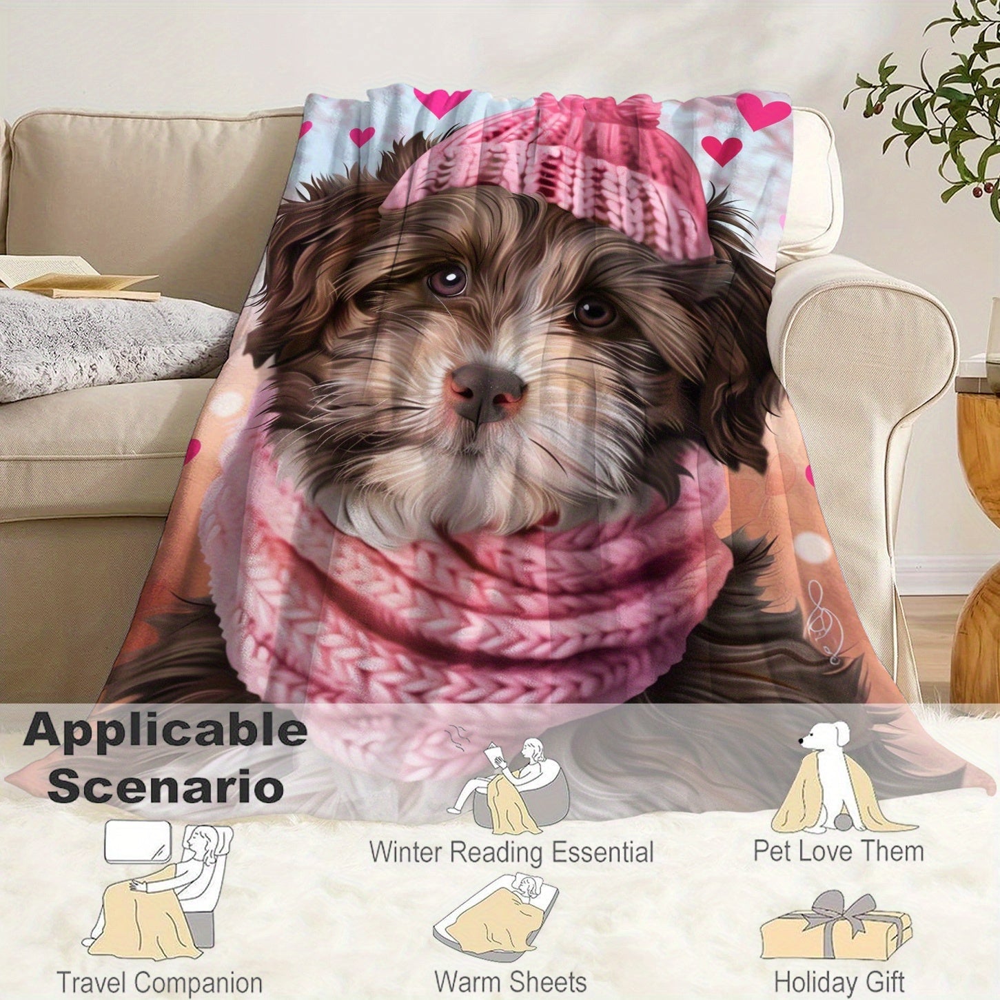 Cozy Flannel Fleece Throw Blanket with Puppy Print Lightweight Soft Warm for All Seasons