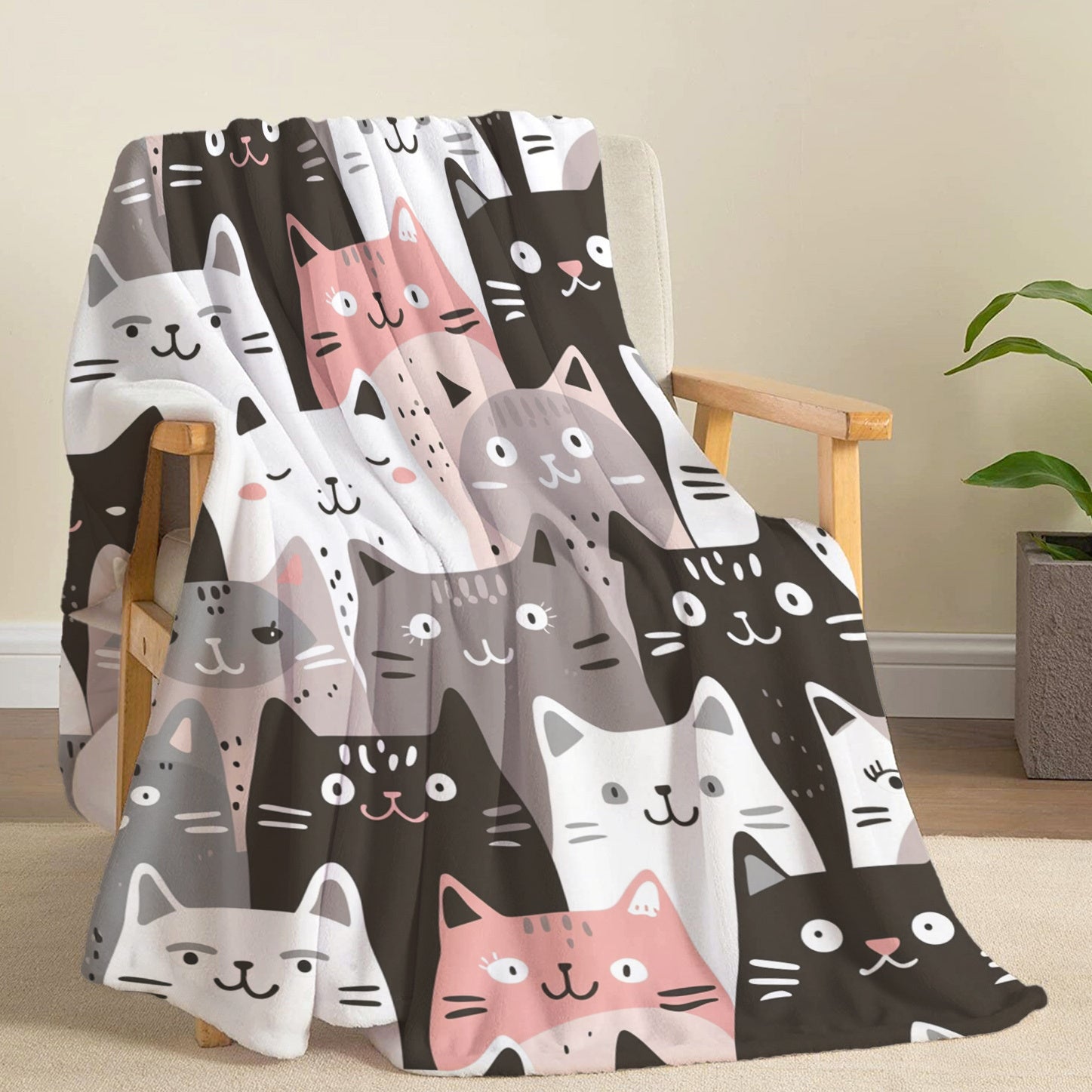 Korean-Inspired Cat Print Flannel Throw Blanket Soft Cozy Lightweight Polyester All Seasons