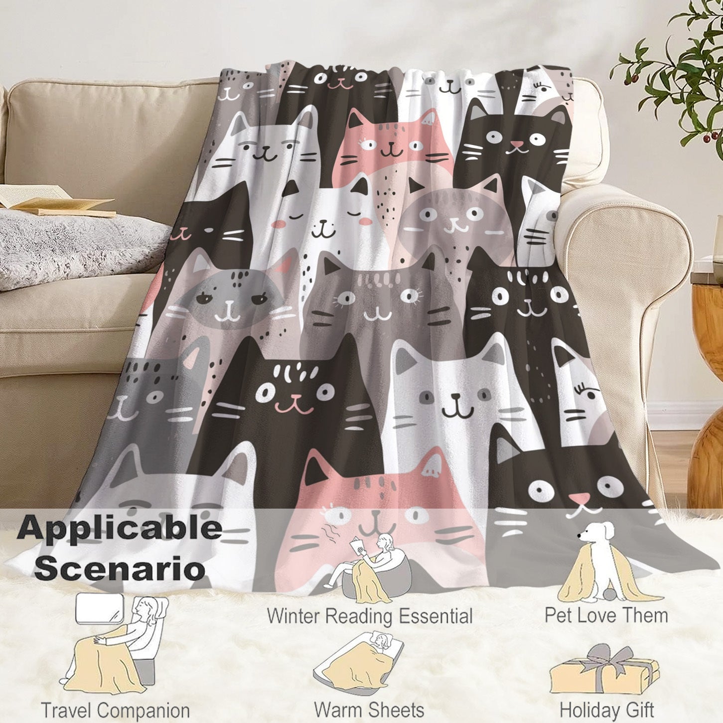 Korean-Inspired Cat Print Flannel Throw Blanket Soft Cozy Lightweight Polyester All Seasons