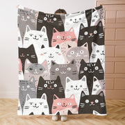 Korean-Inspired Cat Print Flannel Throw Blanket Soft Cozy Lightweight Polyester All Seasons